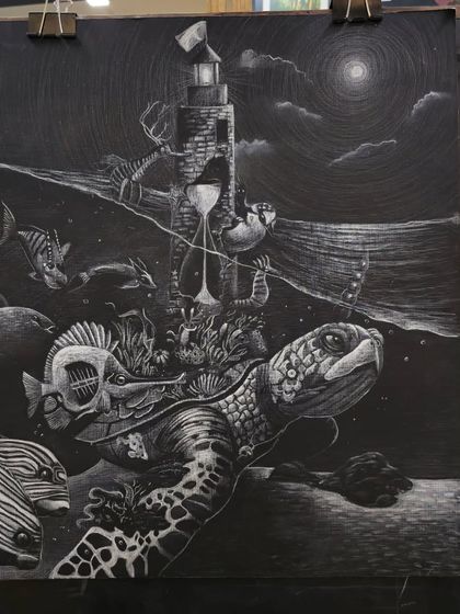 The full artwork displayed on an easel, showcasing the completed surreal scene of a turtle carrying a lighthouse and other objects through a nocturnal sea.
