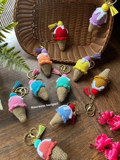 The full assortment of our colorful and delicious-looking ice cream cone keychains. Each one is handmade and ready to add a scoop of fun to your day.