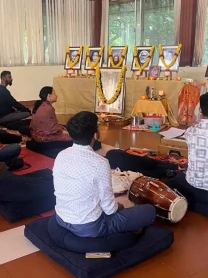 Another moment from our Janmashtami celebration, with a teacher sharing insights in front of the altar. These special events fill our hearts with devotion.
