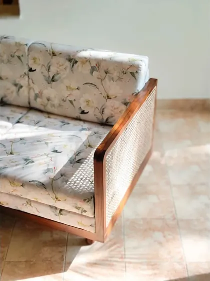 A variety of our sofas and daybeds, including a custom piece for mamama.in and our adaptable Tarangini sofa. These images showcase our ability to tailor seating to any living room theme with choices in size and fabric.
