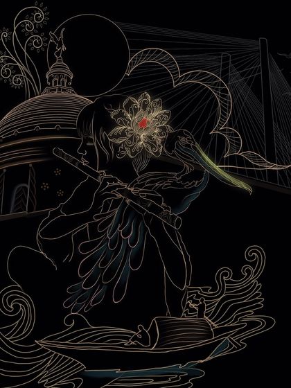 The line art version of 'Sonar Tori,' highlighting the intricate details of the Kolkata landmarks and the central figure against a stark black background.