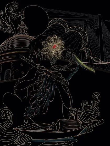 The line art version of 'Sonar Tori,' highlighting the intricate details of the Kolkata landmarks and the central figure against a stark black background.