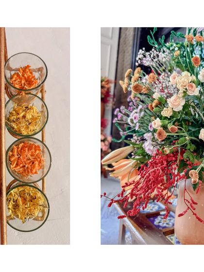 A collage of details from the Maharani Pink Mehendi, featuring fresh flowers for 'phoolon ki holi' and colorful floral arrangements in terracotta vases, capturing the event's vibrant and festive spirit.