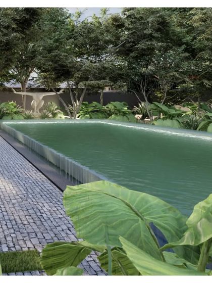 A rendering of a pool for a new family retreat. The design creates a paradise of green, water, and stone for relaxation and natural living.
