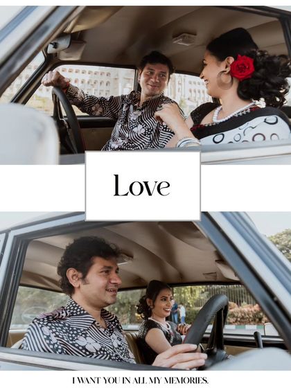 A retro-themed collage showing a couple inside a vintage car, capturing playful and romantic moments that evoke a classic film vibe.