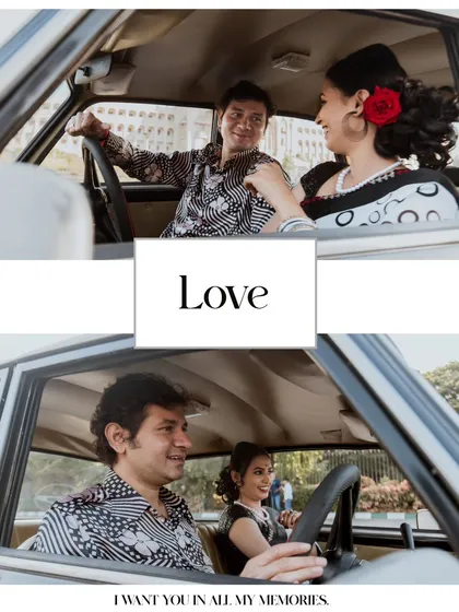 A retro-themed collage showing a couple inside a vintage car, capturing playful and romantic moments that evoke a classic film vibe.