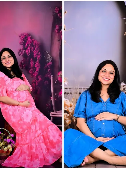 This diptych showcases the versatility of my studio sessions. I can create a soft, romantic atmosphere with floral themes and colorful gowns, or a more rustic, neutral setting that feels calm and timeless. Each setup is designed to make you feel beautiful and comfortable.