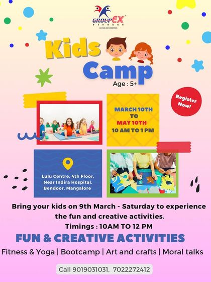 This flyer announces our Kids Camp, a program for children aged 5 and up. It highlights the variety of activities we offer, including fitness, yoga, bootcamp, art, and moral talks, all designed to be fun and creative.