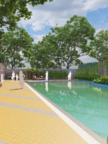 A 3D render of a spacious swimming pool deck, designed with non-slip paving and ample room for lounge chairs and social gatherings.