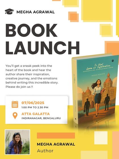 Poster for the book launch of 'Is That Love or Infatuation?' by Megha Agrawal.
