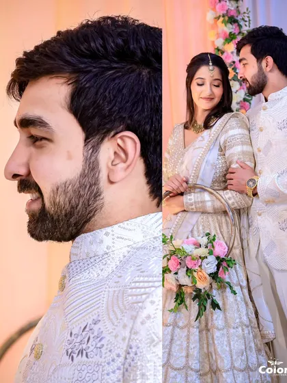 A diptych featuring a close-up profile of the groom and a romantic shot of the couple.