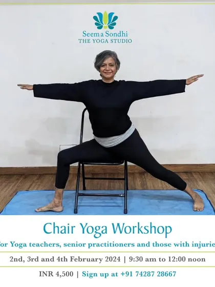 Announcing my 3-Day Chair Yoga Workshop. This is ideal for yoga teachers, senior practitioners, and those with injuries who want to learn how to adapt poses using a chair.