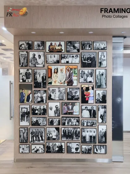 For Kiran Gems, a global leader in the diamond industry, we were entrusted to create a legacy wall from 45 of their most treasured photographs. We crafted a stunning visual timeline using premium metal frames, turning milestone moments with national leaders and historic achievements into a powerful corporate art installation.