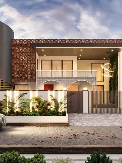 A visualization of a contemporary home featuring a unique curved metal element and textured tile facade. This render shows our capability to model and realistically portray unconventional architectural features and materials.
