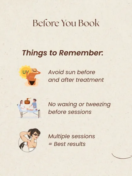 To ensure your treatment is safe and effective, there are a few key things to remember before you book. This guide outlines important pre-treatment steps, such as avoiding sun exposure and refraining from waxing or tweezing, to prepare your skin for the best possible outcome.