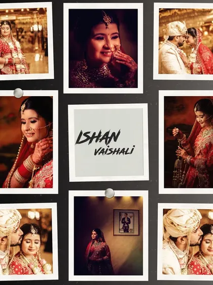 A creative wedding album page design using a polaroid-style grid to showcase a variety of beautiful moments from the day.