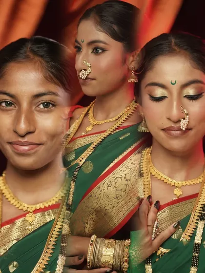 This collage shows the complete transformation for a Maharashtrian bride, from bare skin to the final look. It's a perfect example of what students can achieve in our 7-day intensive bridal course.
