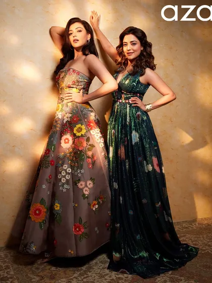 A full-length shot of Kajal and Nisha for Aza Fashions. It was a pleasure creating harmonious hairstyles that allowed both of their individual looks to shine.
