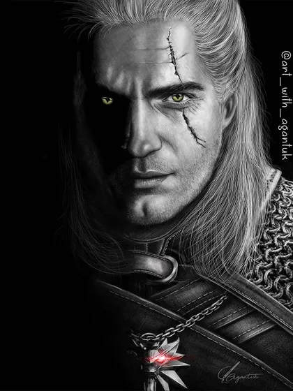 My finished portrait of Henry Cavill as Geralt of Rivia from The Witcher. This black and white piece took around 30 hours, with a focus on the dramatic shadows, the texture of his chainmail, and the magical glow from his medallion.
