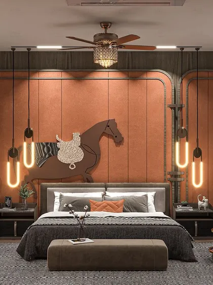 A bedroom design for a client with a passion for horses. The custom equestrian art piece above the bed, combined with warm terracotta tones and modern industrial-style lighting, creates a space that is deeply personal and full of character.