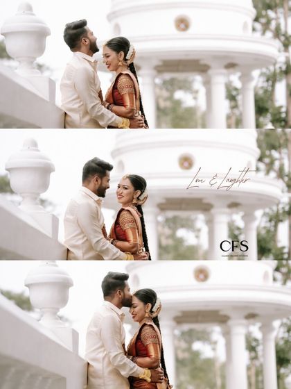 A collage of romantic moments on a balcony, showing the couple's loving interactions. From a shared laugh to a gentle kiss on the forehead, we capture the story of their love.