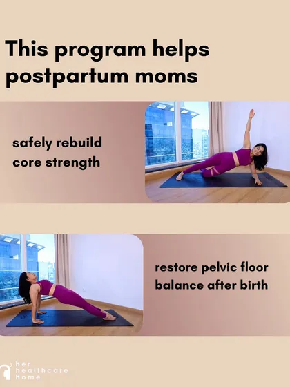My program focuses on two key goals: safely rebuilding core strength and restoring pelvic floor balance after birth, as shown in these exercise examples.