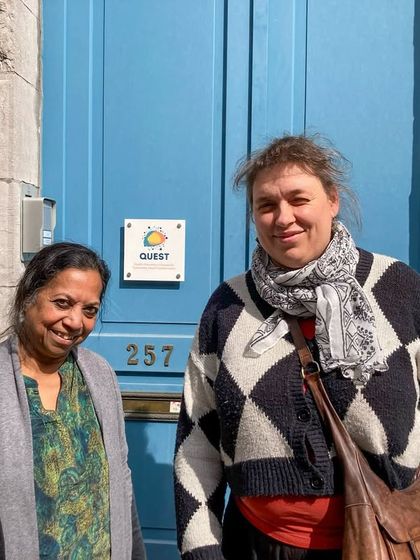 Our founder, Amukta Mahapatra, with Marie Pons from the IDEC organizing team outside the Quest office in Brussels.
