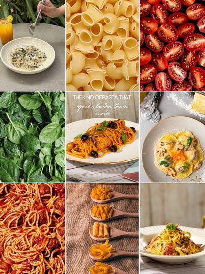 Our pasta speaks louder than words. This collage showcases the variety of fresh ingredients and pasta shapes we use, from spaghetti and ravioli to penne and more.