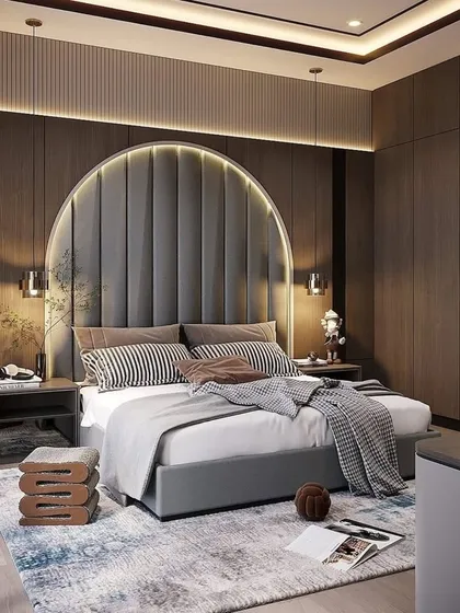 This 3D concept for a kids' room or bachelor pad shows a masculine design with a large, arched upholstered headboard, dark wood paneling, and integrated backlighting. The space includes modern art and collectibles, reflecting a mature and stylish personality.