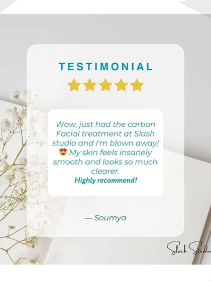A glowing testimonial from a happy client after her Carbon Facial. She describes her skin as "insanely smooth" and "so much clearer."