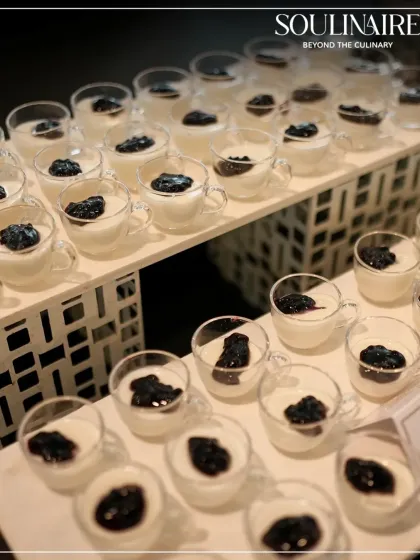 Individual servings of a creamy blueberry dessert, showcasing our elegant and practical presentation for large crowds.