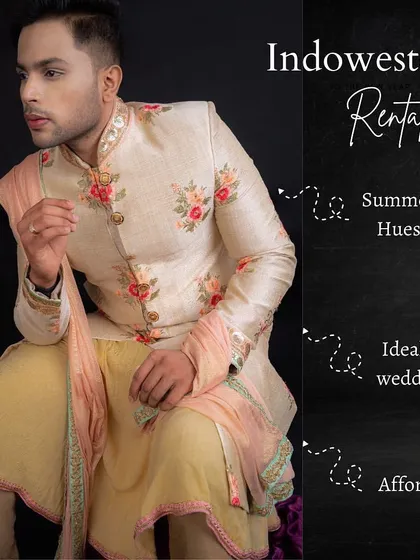 This Indo-western outfit features a jacket with delicate floral embroidery in summer hues. It's an affordable and stylish choice, ideal for weddings.