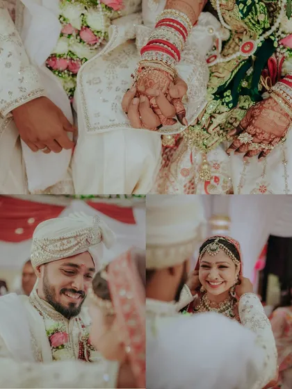 A collage of intimate wedding moments. From holding hands to sharing smiles during the ceremony, these shots capture the deep connection between the couple.