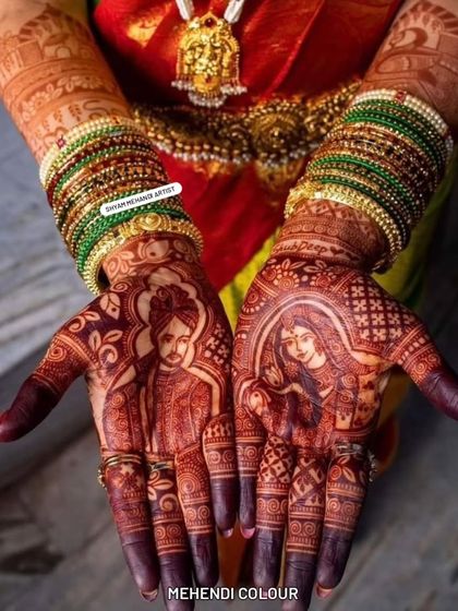 The beautiful, dark stain of a custom bride and groom portrait mehandi, showing the quality of my natural henna.