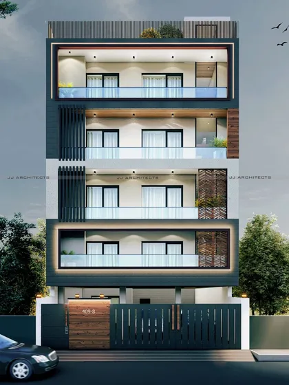 A 3D render for a builder floor, showcasing a facade with illuminated box frames around the balconies and decorative vertical louvers.