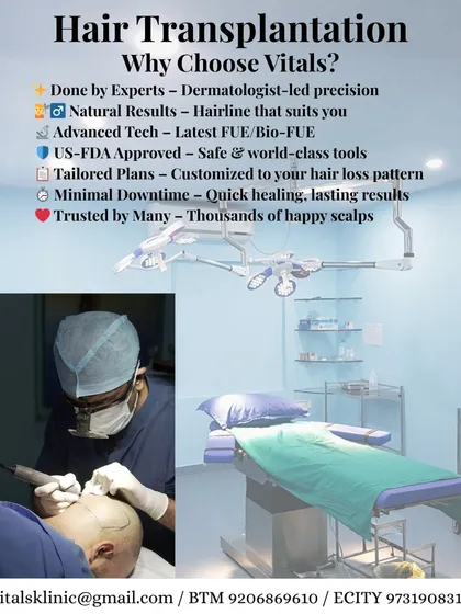 Choosing the right clinic for a hair transplant is a critical decision. This graphic outlines why patients trust us. We are a dermatologist-led clinic using US-FDA approved tools and advanced FUE techniques to create customized treatment plans that ensure minimal downtime and lasting, natural results.