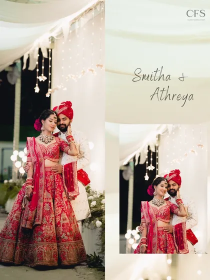 A beautiful portrait of a couple in their North Indian wedding attire. The soft lighting and draped background create a dreamy and romantic atmosphere.