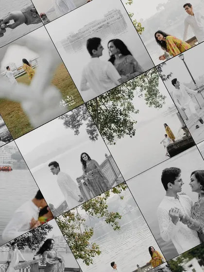 A beautiful collage capturing the essence of a lakeside romance in Udaipur. The mix of color and black and white images, seen through a creative frame, tells a story of gentle dances, quiet walks, and shared moments.