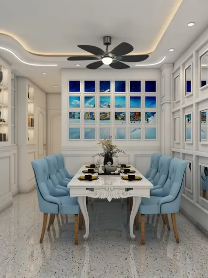 The dining area features a beautiful gallery wall of sky-themed pictures and another wall of mirrors, design choices that were finalized using our 3D preview process.