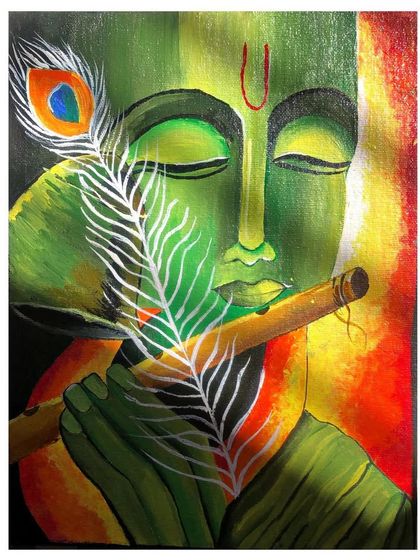 Another view of the green Krishna canvas, highlighting the warm, glowing background that contrasts with the cool tones of the main figure.