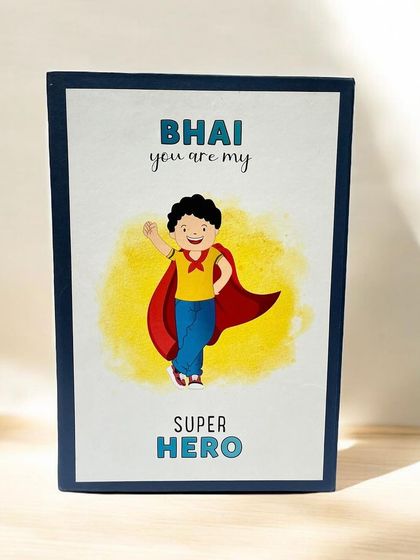 The cover of my "Bhai you are my Super Hero" gift box, a fun and heartfelt option for Rakshabandhan that celebrates the special bond with a brother.