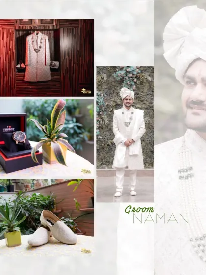 A collage showcasing the groom's attire and accessories, from his watch and shoes to his full wedding day look.