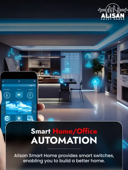 This image visualizes the web of control our smart home automation provides. From a single mobile app, you can manage every aspect of your home or office, building a better, more connected environment.