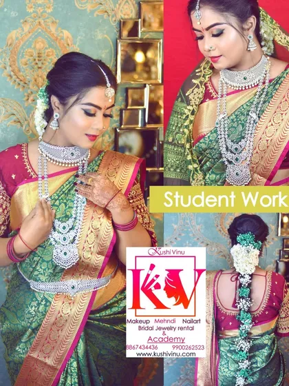 I am so proud to show off my students' work. This collage displays a complete bridal look, including flawless HD makeup, diamond jewellery styling, and a traditional jasmine and parandi poola jada, all created by a student from my recent batch.