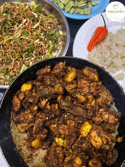 A simple and satisfying meal of chicken spicy stir fry with a side of our yummy singju and sticky rice.