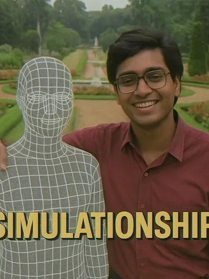 A retro photo of a young man with his arm around a wireframe figure, titled 'SIMULATIONSHIP'. A punny and slightly melancholic take on relationships in the digital age.