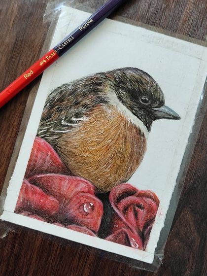 Another angle of the bird WIP, with the pencils I used for the roses.