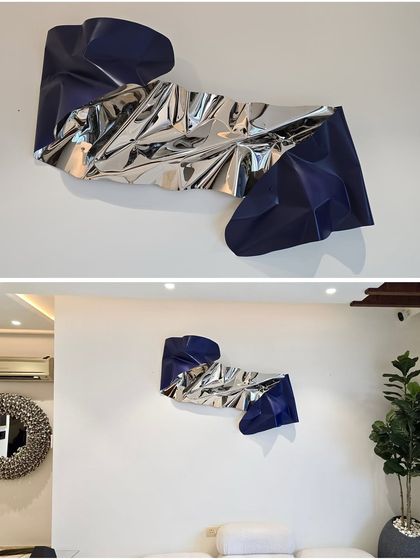 A before-and-after style shot, showing a close-up of the sculpture and the final wide view in the room.