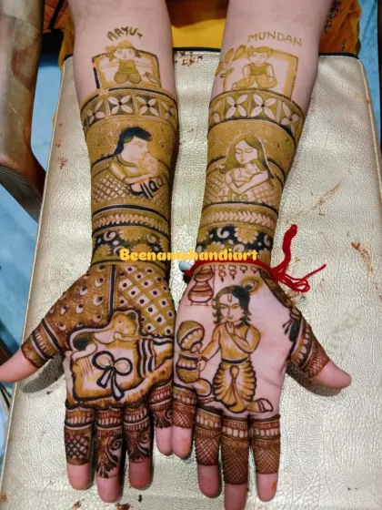 Baby shower mehandi is so special. This design includes portraits of the mother and father, a drawing for the mundan ceremony, and little Krishna. I can customize these designs to tell the story of your growing family.