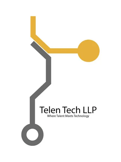 This is the final logo for Telen Tech LLP, designed to represent the meeting of talent and technology. The circuit-like path in yellow and grey visualizes a connection, creating a clean, modern, and abstract mark for the IT and power infrastructure company.